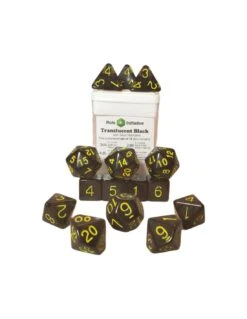 Polyhydral Diceset - 15 Dice: Translucent Black With Yellow Numbers
